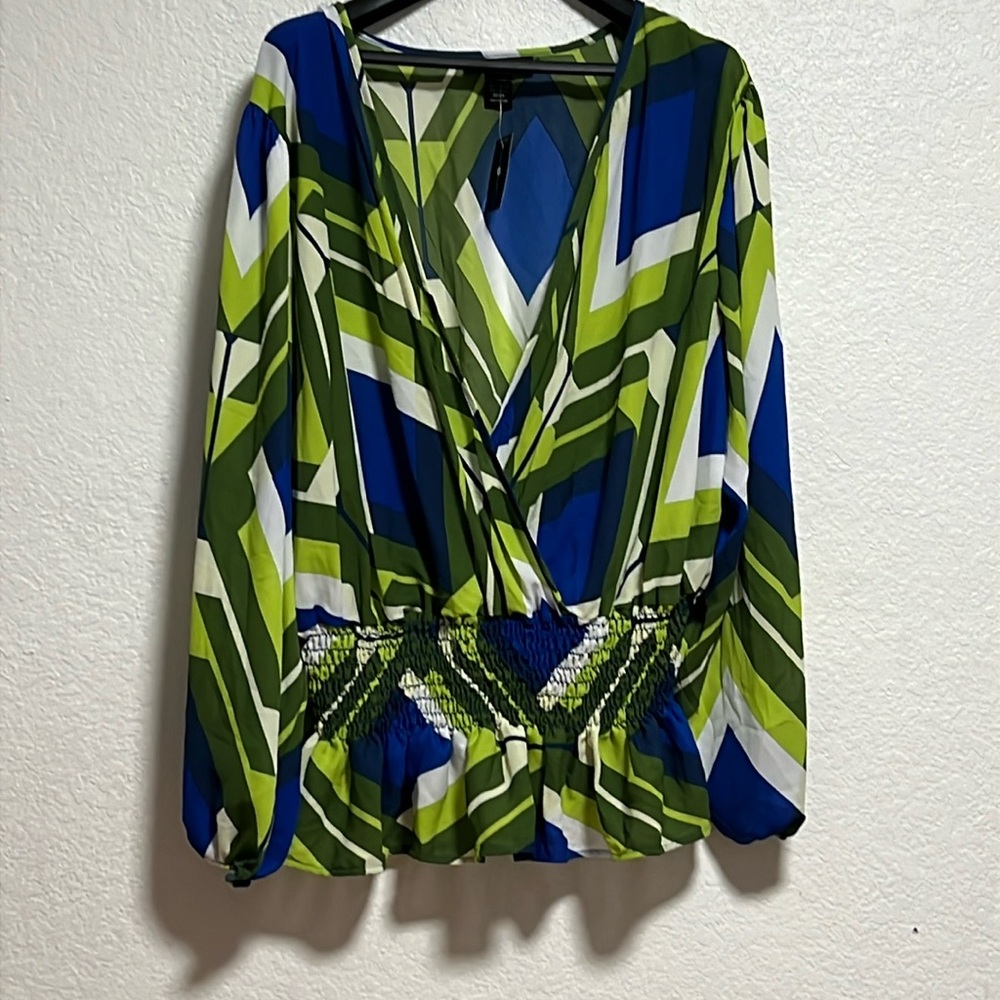 *NWT Ashley Stewart Sheer Top Elastic Waistband Blouse Geometric Print Sz…